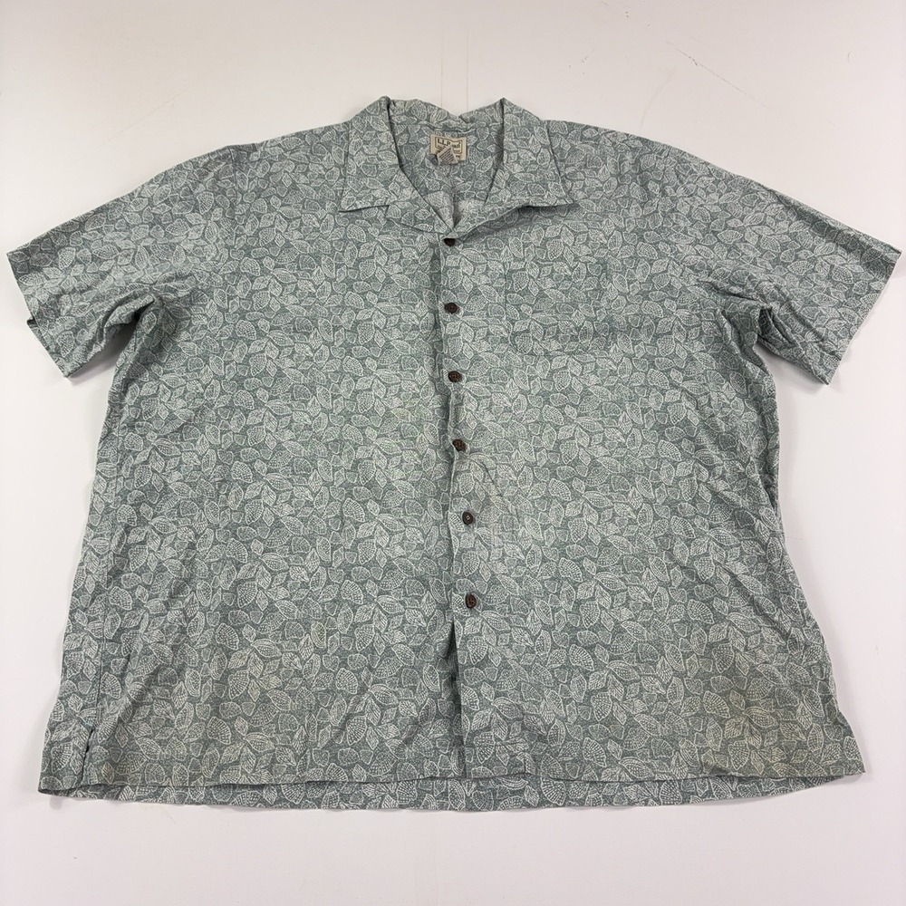 L.L. Bean Shirt Mens 2XL Green Leaf Hawaiian Print Short Sleeve Button Up 300229